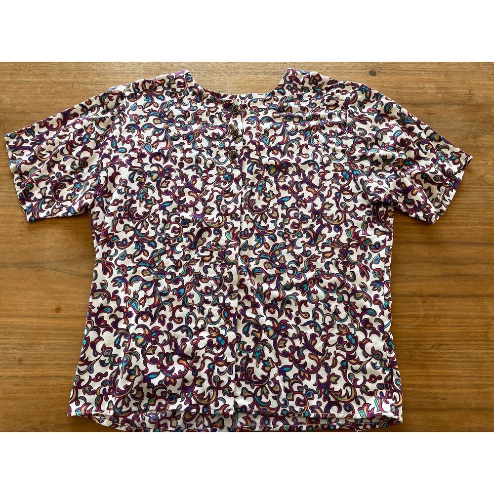 Liz Baker bright print shirt short sleeve buttons M/L